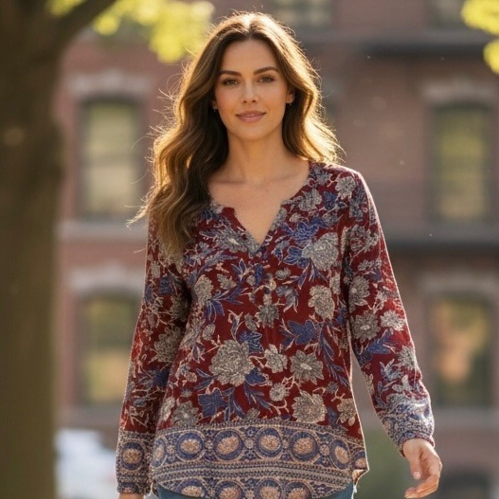 Lucky Brand Womens Top Floral Print Peasant Long Sleeve Tunic Burgundy Size S